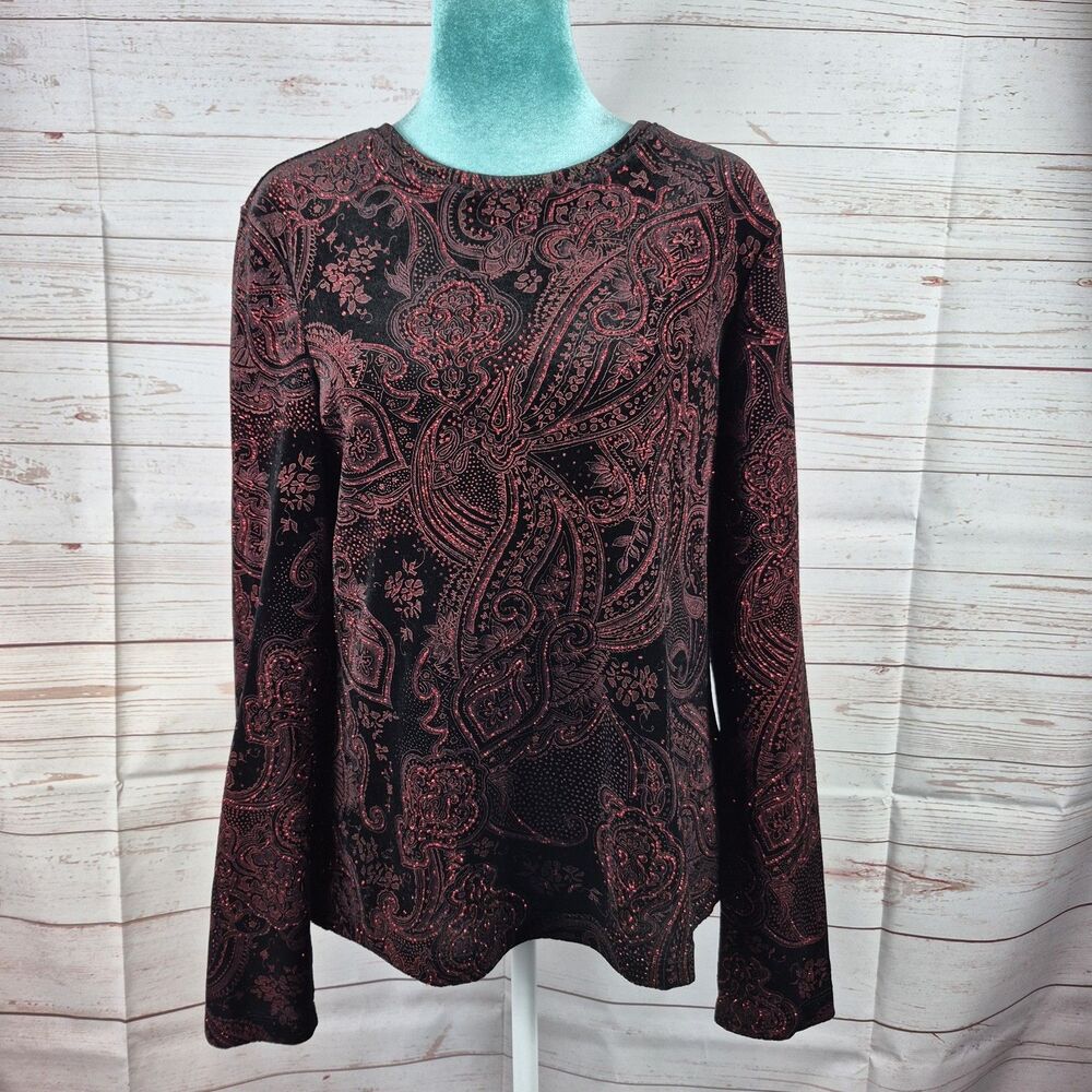 Vtg White Stag Black Velvet Red Glitter Floral Whimsigoth Top Sz M Fairy Grunge
